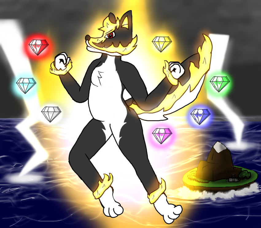 alternate_version_at_source angel_island angry anthro black_body black_fur canid canine canis chaos_emerald danthewolfdog digital_media_(artwork) electricity fur gem glowing glowing_markings hi_res hybrid lightning looking_at_viewer male mammal markings red_eyes sea sega solo sonic_the_hedgehog_(series) storm super_form water white_body white_fur wolfdog yellow_body yellow_fur