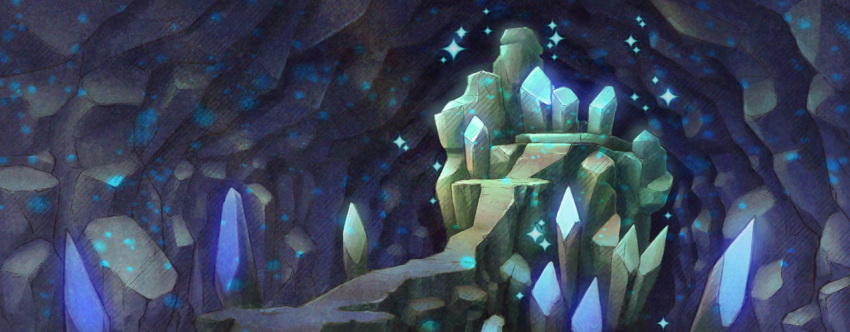 artist_request blue_gemstone cave cave_interior commentary english_commentary fushigi_no_dungeon game_cg gem light_particles no_humans official_art pokemon pokemon_(game) pokemon_mystery_dungeon rock scenery sparkle third-party_source wide_shot