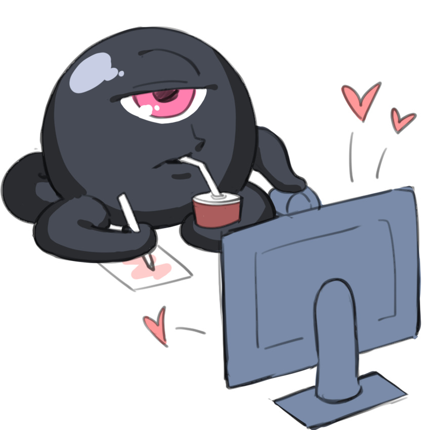 black_skin colored_skin cup disposable_cup drawing dyun heart highres holding holding_cup monitor mouse_(computer) no_humans one-eyed original pink_eyes tentacles