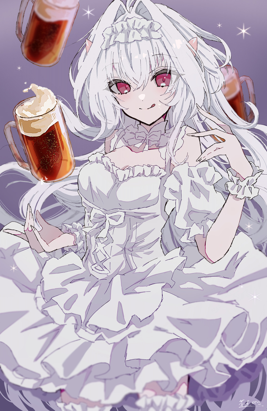 1girl absurdres ahoge alcohol azami_miko beer breasts cup fate/grand_order fate_(series) highres licking_lips long_hair looking_at_viewer medium_breasts merlin_(fate/prototype) mug pointy_ears purple_eyes smile solo thighs tongue tongue_out very_long_hair white_hair