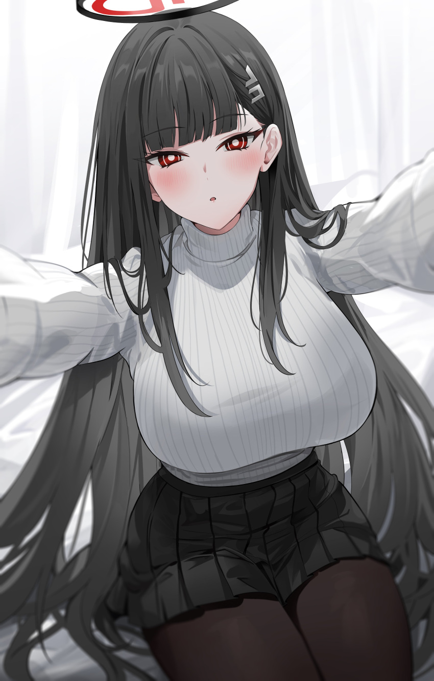 1girl absurdres black_hair black_pantyhose blue_archive blunt_bangs blurry blush breasts bright_pupils depth_of_field foreshortening halo highres incoming_hug large_breasts long_hair looking_at_viewer on_bed pantyhose pleated_skirt red_eyes rio_(blue_archive) skirt solo sweater turtleneck turtleneck_sweater very_long_hair white_sweater yuki_(asayuki101)