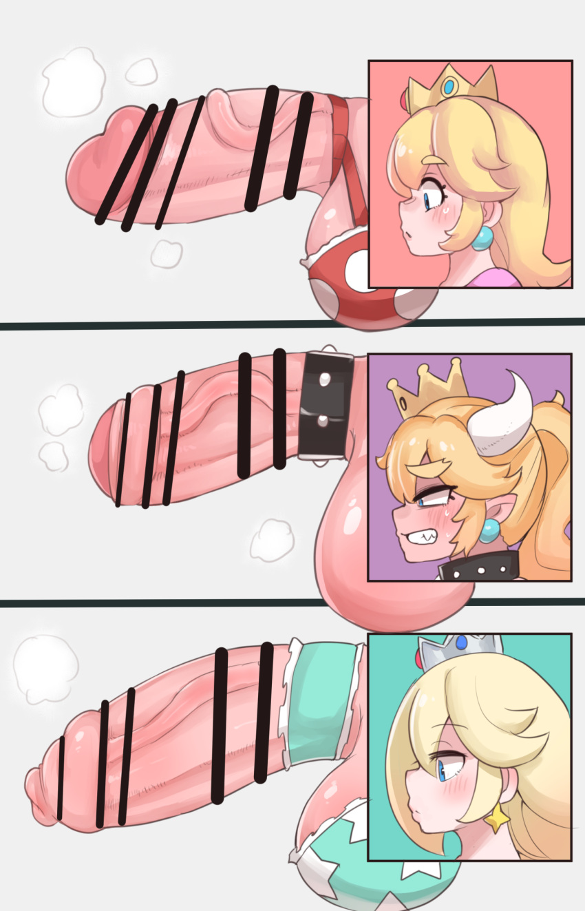 accessory ball_bra big_penis black_pupils blonde_hair blue_eyes blush blush_lines bowsette_meme censored clenched_teeth cock_ring collar crown foreskin genitals gold_crown group hair headgear hi_res horn horned_humanoid huge_penis human humanoid humanoid_genitalia humanoid_penis humanoid_pointy_ears intersex jewelry light_body light_skin lips long_hair mammal mario_bros meme musk nintendo penis penis_accessory penis_jewelry penis_lineup penis_size_chart penis_size_difference pink_lips ponytail princess_peach pupils rosalina_(mario) sharp_teeth silver_crown spiked_cock_ring spiked_collar spikes super_crown super_mario_galaxy teeth teeth_showing trio vein veiny_penis white_horn zkky