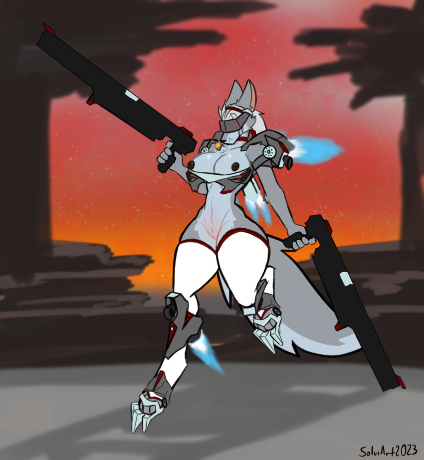 accessory alrecsolus anthro armored_core_(series) big_breasts bottomless breasts canid canine canis clothed clothing collar female flying gun hair_accessory hairband handgun hi_res holding_gun holding_object holding_weapon legwear machine mammal mecha pistol ranged_weapon solo thick_thighs thigh_highs thrusters visor weapon wolf