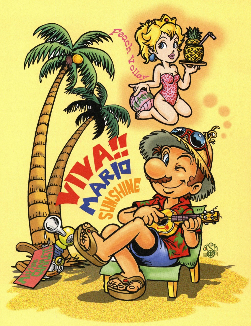 1boy 1girl alternate_costume animal_print ball barefoot beach_chair benimaru_itoh blonde_hair blue_eyes blue_shorts breasts brown_footwear brown_hair chin cleavage closed_mouth coconut coconut_tree collared_shirt copyright_name crossed_legs crown drinking_straw earrings english_text eyelashes eyewear_on_headwear f.l.u.d.d. facial_hair food fruit hat hawaiian_shirt highres holding holding_ball holding_instrument holding_plate imagining instrument jewelry kneeling leopard_print long_hair looking_at_viewer looking_to_the_side mario mario_(series) medium_breasts music mustache nintendo one-piece_swimsuit one_eye_closed palm_tree palm_tree_print parted_lips pineapple pink_lips pink_one-piece_swimsuit plate playing_instrument ponytail princess_peach red-framed_eyewear red_shirt robot sand sandals shirt short_hair short_sleeves shorts sign sitting smile sphere_earrings straw_hat sun_hat sunglasses super_mario_sunshine swimsuit third-party_source thought_bubble toenails tree ukulele volleyball water_drop yellow_background yellow_headwear