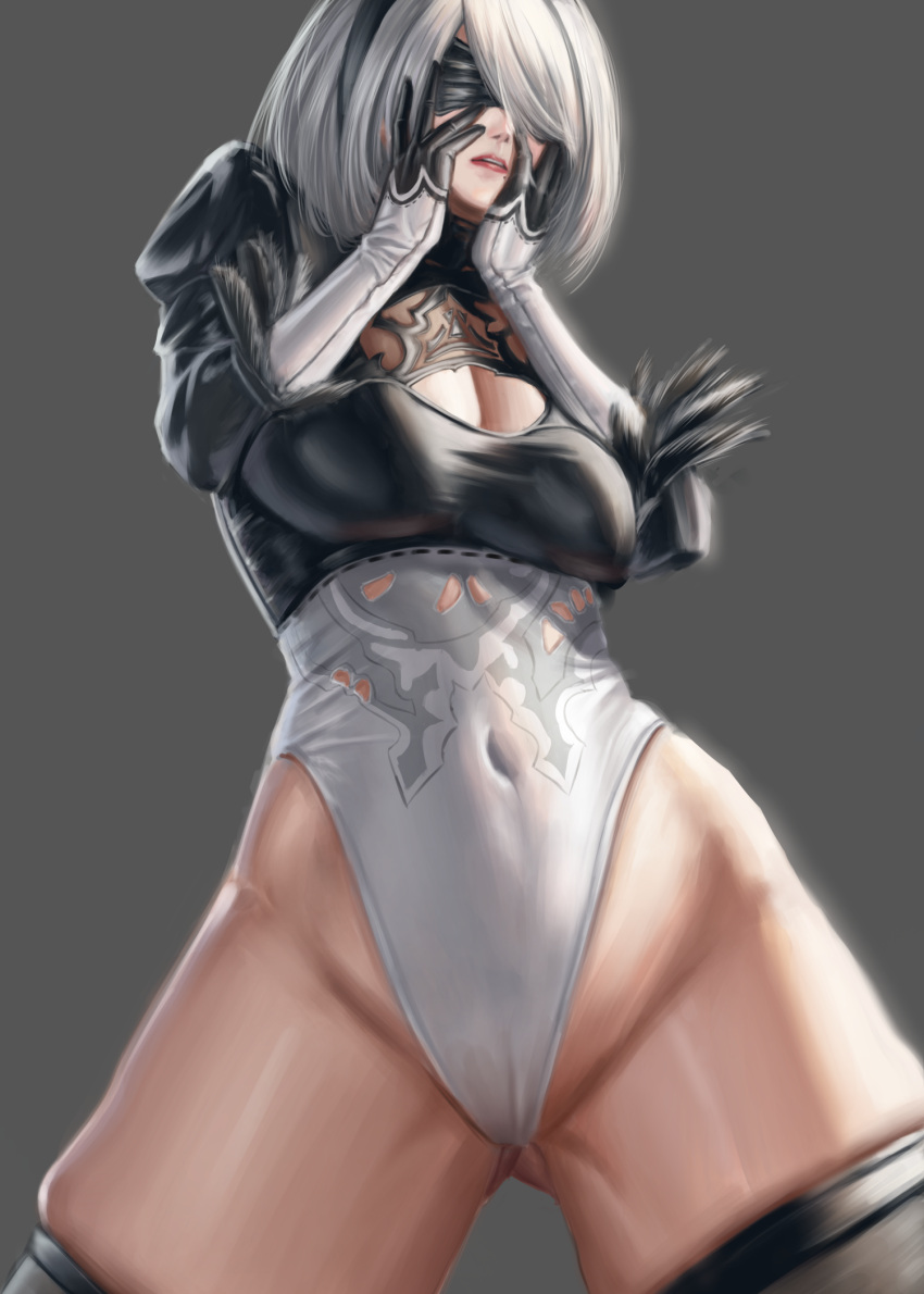 1girl 2b_(nier:automata) black_blindfold black_hairband black_thighhighs blindfold breasts cameltoe clothing_cutout commentary covered_eyes covered_navel covered_nipples feather-trimmed_sleeves feather_trim foreshortening gloves groin hairband hands_on_own_face highleg highleg_leotard highres juliet_sleeves leotard lips long_sleeves mole mole_under_mouth nier:automata nier_(series) open_mouth penti puffy_sleeves short_hair simple_background skindentation solo thighhighs white_hair white_leotard