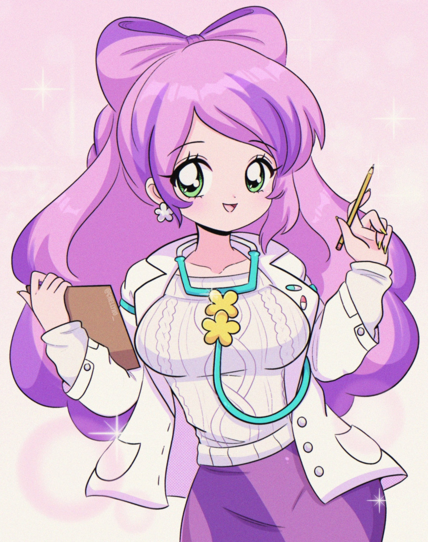 1990s_(style) 1girl absurdres blush breasts chelly_(chellyko) clipboard collarbone earrings flower flower_earrings green_eyes highres holding holding_clipboard holding_pencil jacket jewelry lab_coat large_breasts long_hair long_sleeves looking_at_viewer miriam_(pokemon) multicolored_hair nurse open_clothes open_jacket open_mouth pencil pill pink_background pink_hair pokemon pokemon_(game) pokemon_sv purple_hair purple_skirt retro_artstyle skirt smile solo sparkle standing stethoscope sweater two-tone_hair white_jacket white_sweater yellow_nails