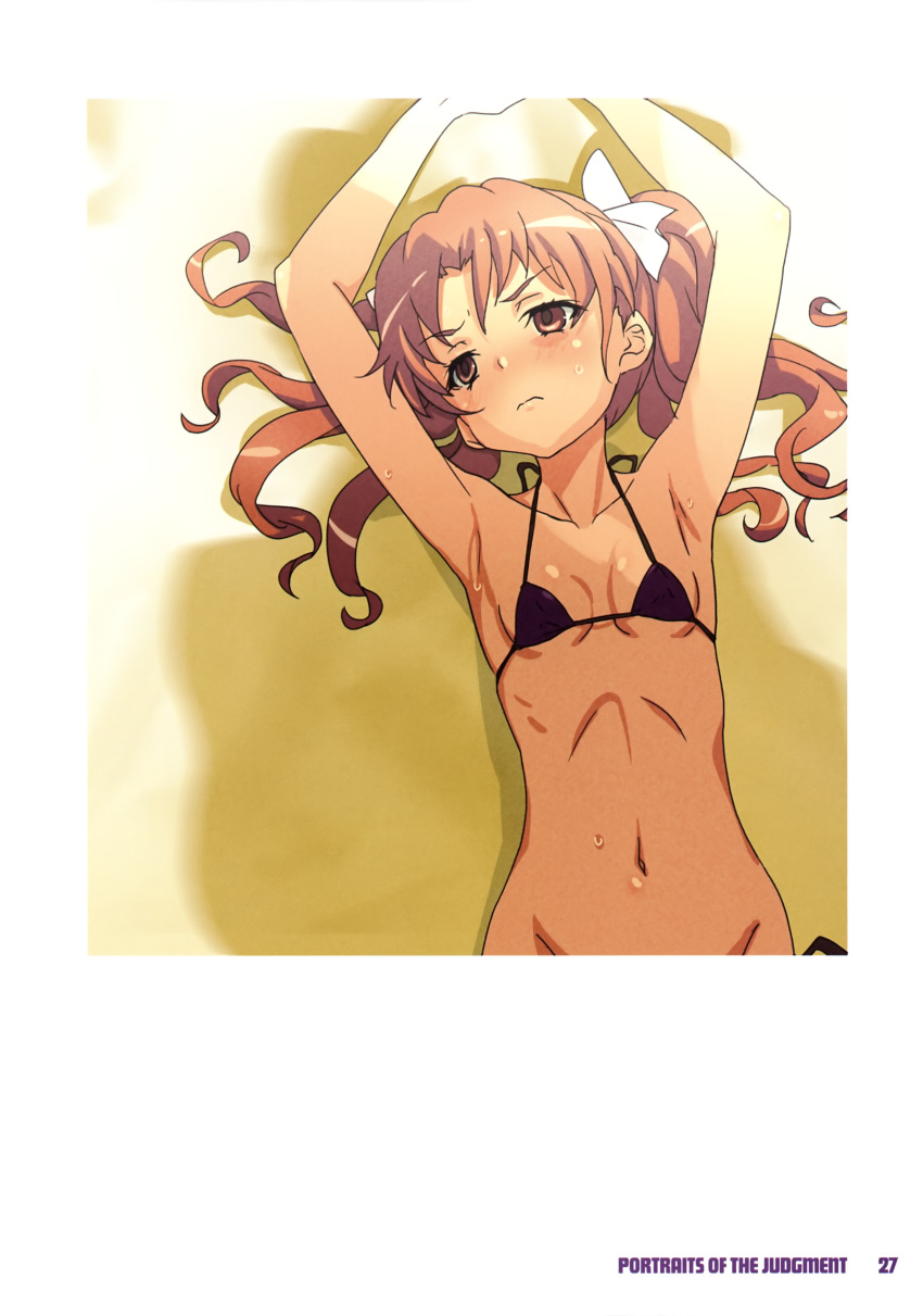 1girl absurdres armpits bikini blush breasts brown_eyes brown_hair closed_mouth fujikawa_daichi hair_ribbon highres long_hair navel non-web_source purple_bikini ribbon shirai_kuroko side-tie_bikini_bottom small_breasts solo swimsuit toaru_kagaku_no_railgun toaru_majutsu_no_index twintails