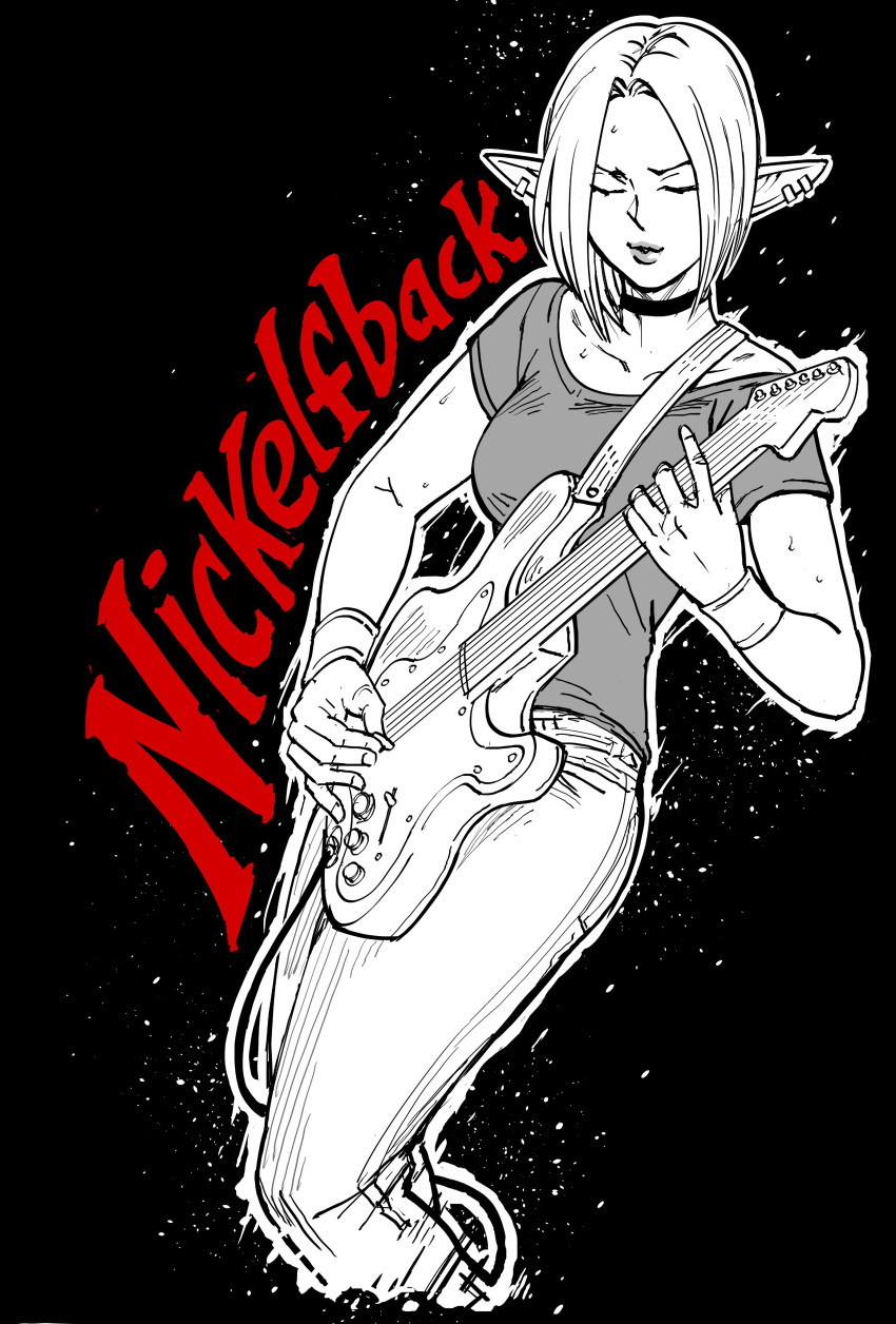 5_fingers absurd_res anthro baalbuddy biped bottomwear clothed clothing elf eyebrows eyes_closed female fingers guitar hair hi_res humanoid humanoid_pointy_ears musical_instrument nickelback not_furry pants playing_guitar playing_music plucked_string_instrument shirt solo string_instrument text topwear