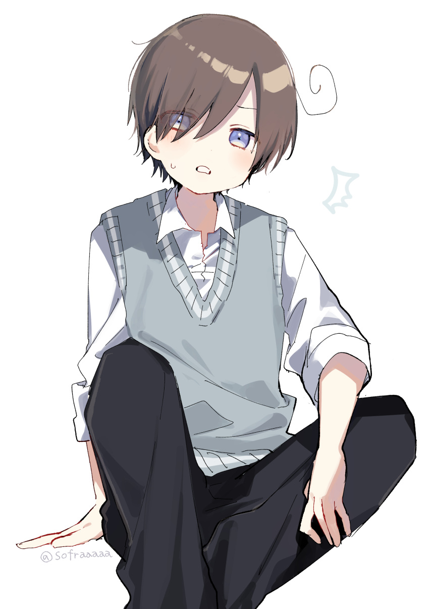 1boy ^^^ absurdres arm_support black_pants blue_eyes brown_hair collared_shirt dress_shirt eyes_visible_through_hair feet_out_of_frame hair_over_one_eye highres knees_up long_sleeves looking_at_viewer male_focus original pants parted_lips shirt simple_background sitting sofra solo sweat sweater_vest twitter_username white_background white_shirt