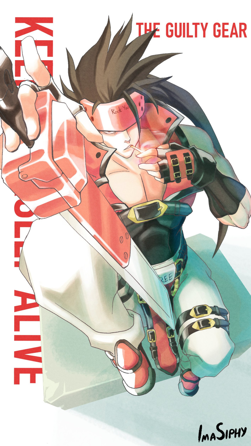 1boy absurdres brown_hair cigarette covered_abs fingerless_gloves forehead_protector gloves guilty_gear guilty_gear_xrd headband highres holding holding_cigarette imasiphy junkyard_dog_mk_iii long_hair long_sleeves looking_at_viewer male_focus muscular muscular_male pectorals ponytail red_eyes simple_background smoke smoking sol_badguy spiked_hair