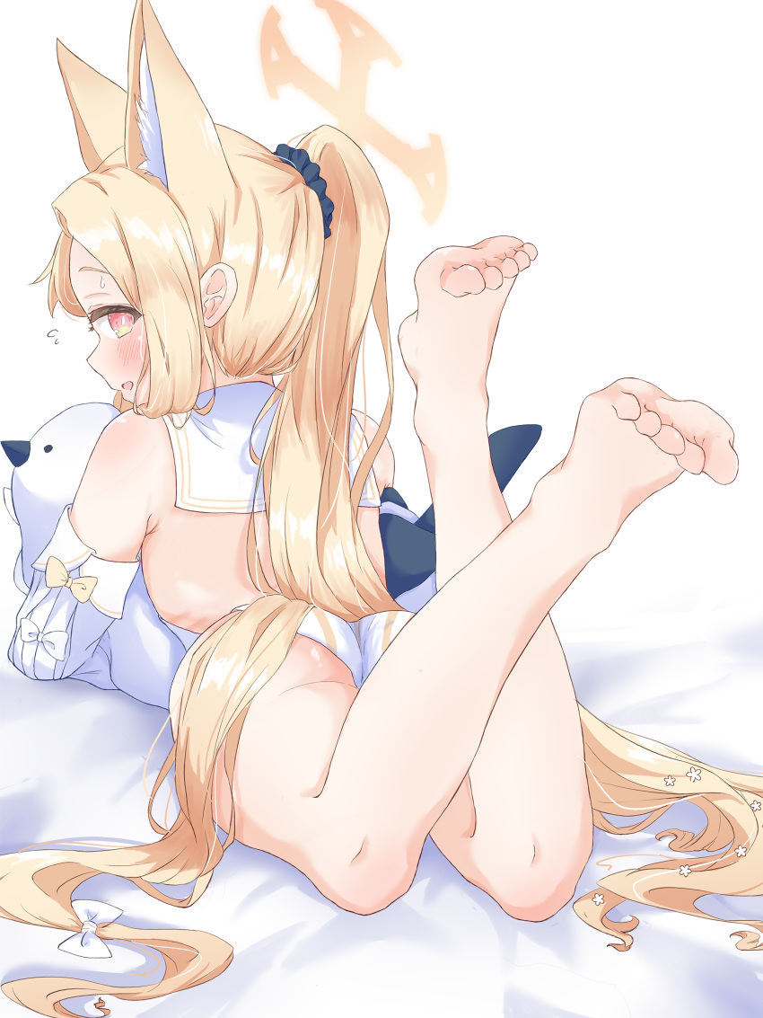 1girl absurdly_long_hair absurdres adapted_costume alternate_hairstyle animal_ear_fluff animal_ears armpit_crease ass back backless_leotard barefoot blonde_hair blue_archive blush bright_pupils commentary_request detached_sleeves feet flying_sweatdrops forehead fox_ears from_behind gradient_eyes hair_ornament hair_scrunchie halo high_ponytail highres holding holding_stuffed_toy hugging_object leotard long_hair lying multicolored_eyes on_stomach open_mouth orange_eyes profile ribs sailor_collar scrunchie seia_(blue_archive) smile soles stuffed_animal stuffed_bird stuffed_toy sweatdrop the_pose thighs toes u9ffo very_long_hair white_leotard white_pupils white_sailor_collar yellow_eyes
