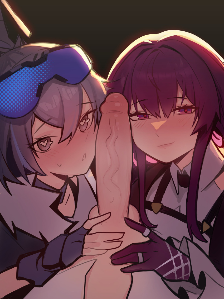 1boy 2girls absurdres blue_gloves blush closed_mouth commentary commission distr eyewear_on_head ffm_threesome fingerless_gloves gloves grey_eyes grey_hair group_sex hair_between_eyes heart heart-shaped_pupils hetero highres honkai:_star_rail honkai_(series) jewelry kafka_(honkai:_star_rail) large_penis light_smile looking_at_viewer multiple_girls open_mouth penis penis_awe ponytail purple_eyes purple_gloves purple_hair ring shirt silver_wolf_(honkai:_star_rail) sweat symbol-shaped_pupils testicles threesome veins veiny_penis white_shirt
