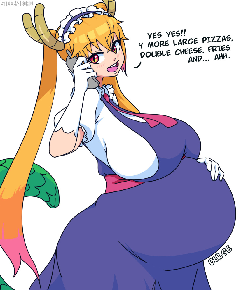 absurd_res animal_humanoid belly big_belly big_breasts big_butt blonde_hair blush blush_lines breasts butt clothing dialogue dragon dragon_humanoid female hair hand_on_stomach hi_res horn horned_humanoid huge_breasts huge_butt humanoid maid_headdress maid_uniform miss_kobayashi's_dragon_maid open_mouth orange_eyes phone phone_call signature simple_background smile solo sound_effects steelybird teeth text tohru_(dragon_maid) uniform