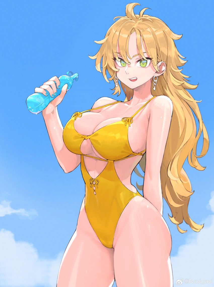 1girl absurdres arm_behind_back blonde_hair blue_nails blue_sky bottle breasts cleavage_cutout clothing_cutout cloud cloudy_sky commentary cowboy_shot earrings green_eyes highleg highleg_swimsuit highres holding holding_bottle jewelry jun_(seojh1029) large_breasts long_hair looking_at_viewer nail_polish one-piece_swimsuit open_mouth original outdoors parted_bangs sky solo standing swimsuit thighs underboob water_bottle weibo_logo weibo_username yellow_one-piece_swimsuit