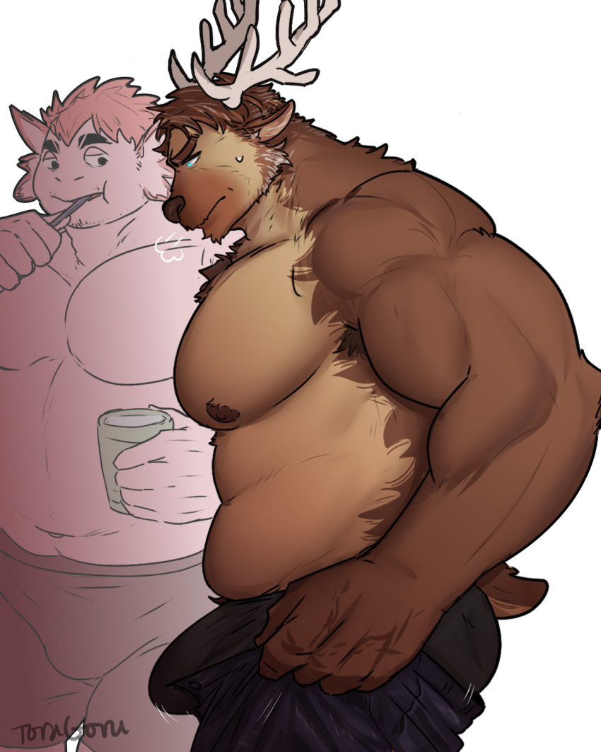 2boys abs animal_ears antlers armpit_hair artist_request ass bara belly big_belly black_male_underwear blank_stare boxers brown_fur bulge bulge_lift chest_hair deer_ears dressing eyebrow_cut facial_hair fat fat_man feet_out_of_frame from_side furry furry_male furry_with_furry goatee highres i've_never_seen_a_guy_recreate_this_successfully_tbh_(meme) large_hands large_pectorals looking_at_bulge male_focus male_underwear meme motion_lines multiple_boys muscular muscular_male nipples open_pants original pants pants_lift pectorals pink_fur plump reindeer_antlers reindeer_boy short_hair sideburns stomach stubble thick_eyebrows topless_male undersized_clothes underwear yaoi