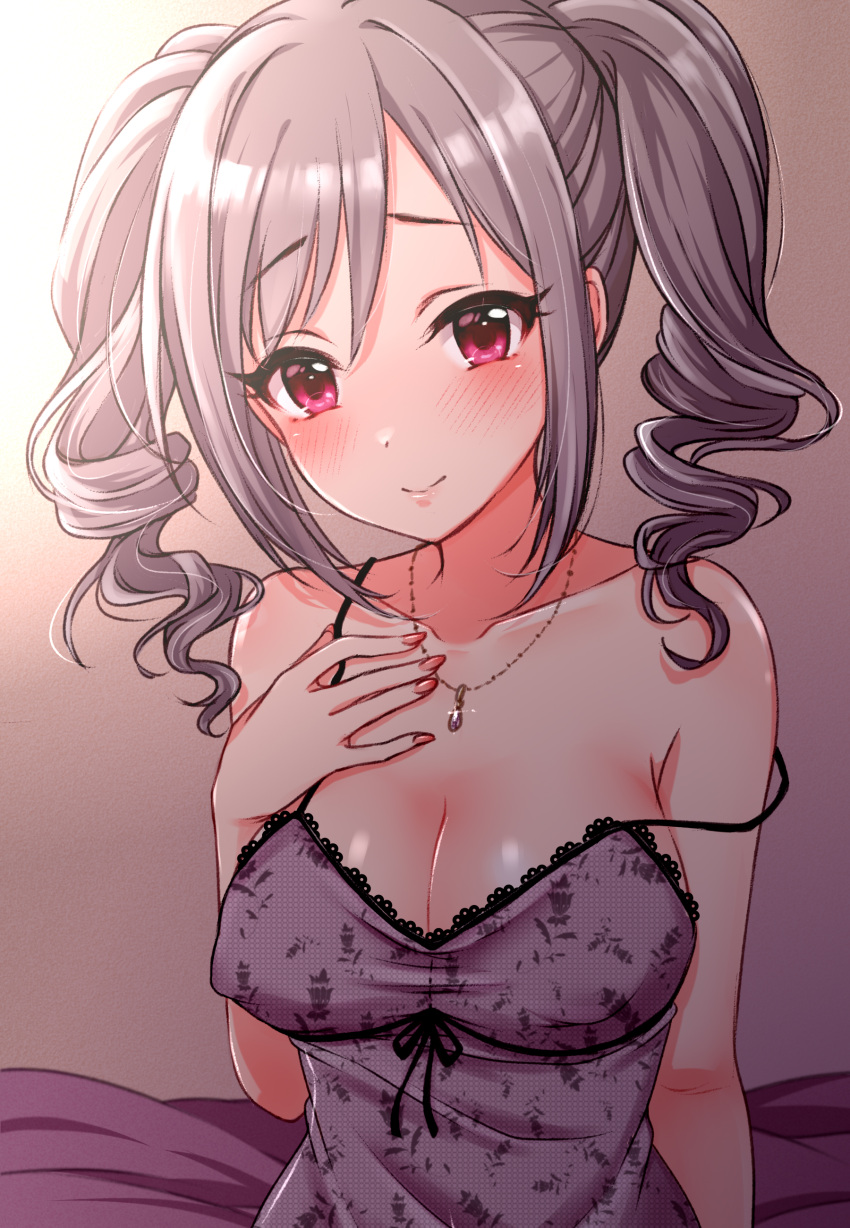 1girl absurdres bare_shoulders blush breasts camisole cleavage commentary_request covered_nipples drill_hair grey_hair highres idolmaster idolmaster_cinderella_girls jewelry kanzaki_ranko large_breasts long_hair looking_at_viewer mariabowl necklace on_bed red_eyes red_nails solo swept_bangs twin_drills twintails underwear upper_body