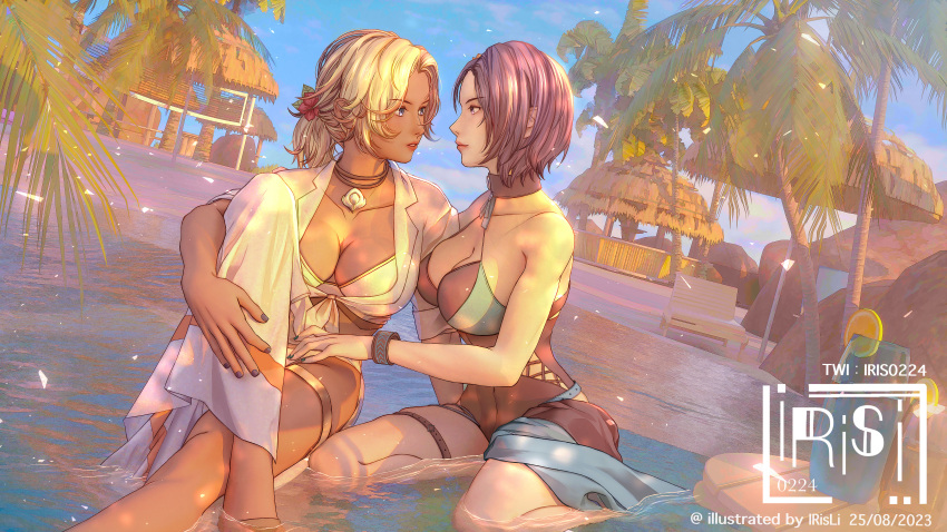 2girls absurdres beach bikini black_one-piece_swimsuit blonde_hair blue_nails bracelet breasts catherine_(fire_emblem) catherine_(summer)_(fire_emblem) cleavage crossed_legs dark-skinned_female dark_skin eye_contact fire_emblem fire_emblem:_three_houses fire_emblem_heroes green_nails highres hut irisl jewelry large_breasts looking_at_another multiple_girls nail_polish official_alternate_costume one-piece_swimsuit palm_tree partially_submerged ponytail shamir_nevrand shamir_nevrand_(summer) short_hair short_ponytail swimsuit tree water white_bikini yuri