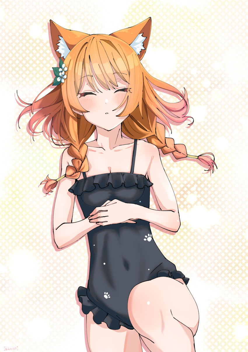 1girl absurdres animal_ear_fluff animal_ears blue_archive blush braid breasts casual_one-piece_swimsuit cleavage covered_navel feet_out_of_frame flower frilled_one-piece_swimsuit frills hair_flower hair_ornament highres hizikit long_hair lying mari_(blue_archive) mari_(swimsuit)_(blue_archive) on_back one-piece_swimsuit orange_hair own_hands_together parted_lips sleeping small_breasts solo swimsuit twin_braids