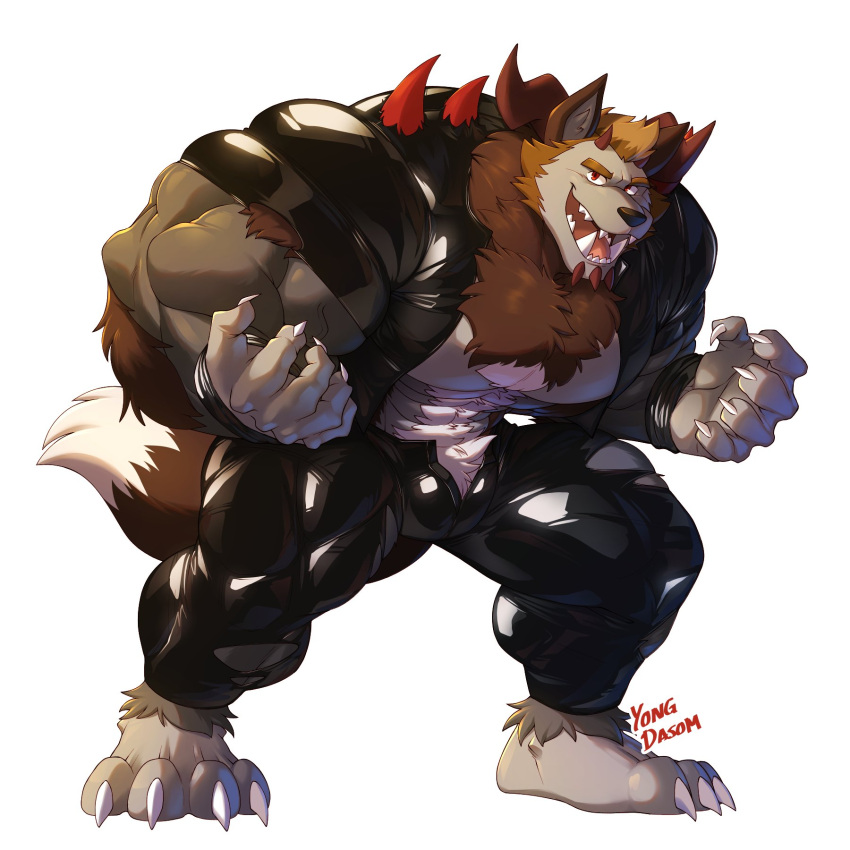 2023 abs ankle_tuft anthro arm_tuft artist_name big_biceps big_legs big_muscles big_pecs big_triceps body_hair brown_hair canid canine canis chest_hair chest_tuft chin_spikes claws clothing ethoras facial_spikes finger_claws fullbody_suit fur grey_body grey_fur hair happy_trail hi_res horn leg_tuft male mammal muscular muscular_anthro muscular_male muscular_thighs neck_tuft pecs red_eyes rubber rubber_clothing rubber_suit sharp_teeth solo spikes spikes_(anatomy) teeth thick_thighs toe_claws tuft tusks unzipped_bodysuit wolf yongdasom