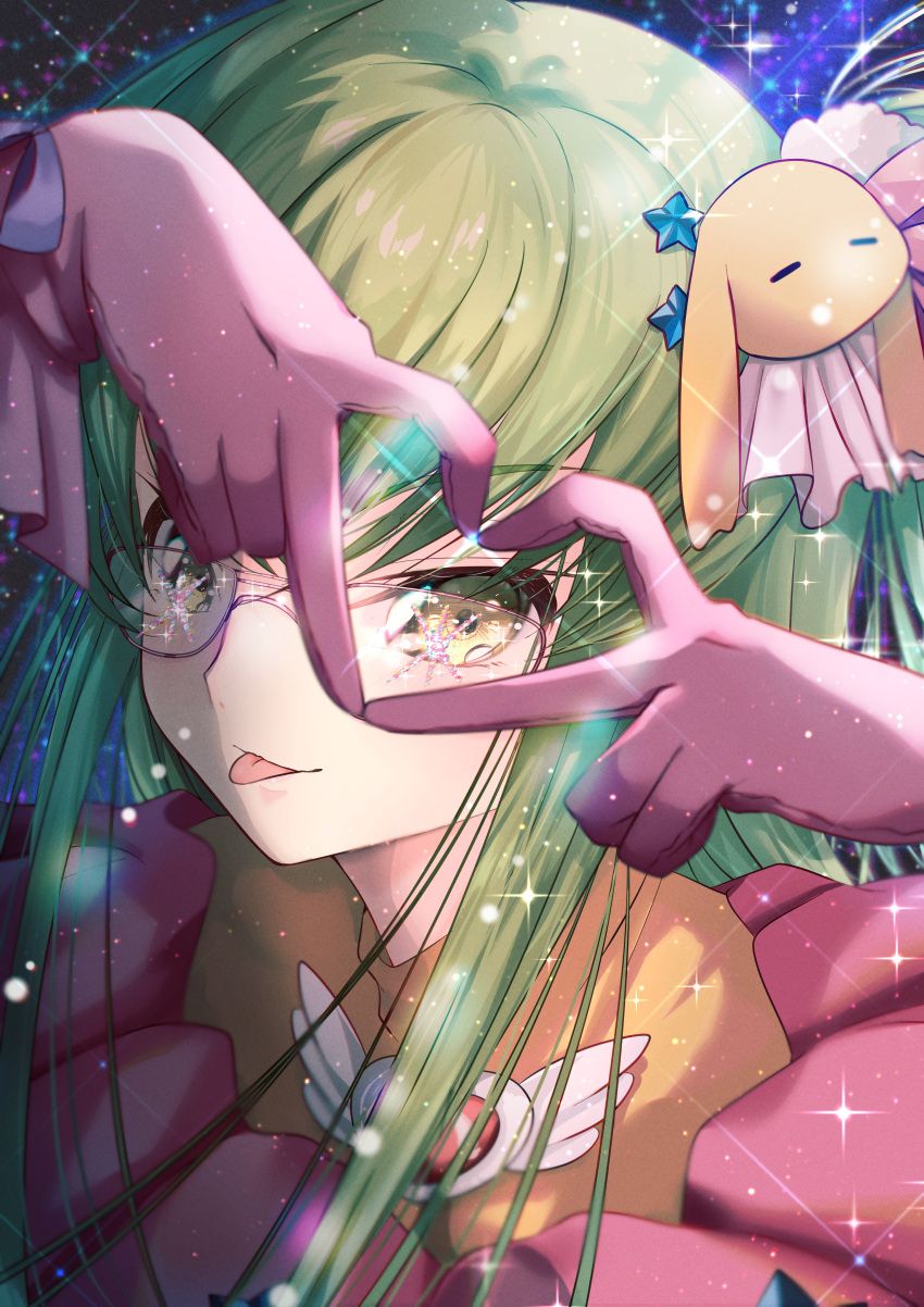 1girl :p absurdres blurry brooch budgiepon c.c. close-up closed_mouth code_geass cosplay depth_of_field eyelashes glasses gloves grey_hair hair_ornament hair_ribbon hands_up heart heart_brooch heart_hands highres hoshino_ai's_pose hoshino_ai_(oshi_no_ko) hoshino_ai_(oshi_no_ko)_(cosplay) idol jewelry light_particles long_hair looking_at_viewer nose oshi_no_ko pink-framed_eyewear pink_gloves rabbit_hair_ornament red_brooch ribbon sidelocks smile solo sparkle star_(symbol) star_hair_ornament star_sticker straight_hair tongue tongue_out white_ribbon wing_ornament yellow_eyes