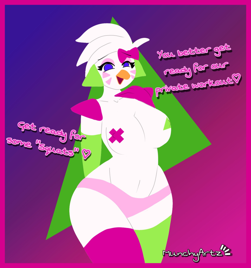 anthro athletic avian bird breasts chicken clothing dialogue ear_piercing ear_ring feathers female five_nights_at_freddy's five_nights_at_freddy's:_security_breach galliform gallus_(genus) glamrock_chica_(fnaf) green_clothing hair hi_res legwear leotard munchyartz phasianid piercing pink_body pink_clothing pink_feathers ring_piercing scottgames simple_background small_breasts solo steel_wool_studios thigh_highs white_body white_feathers wide_hips