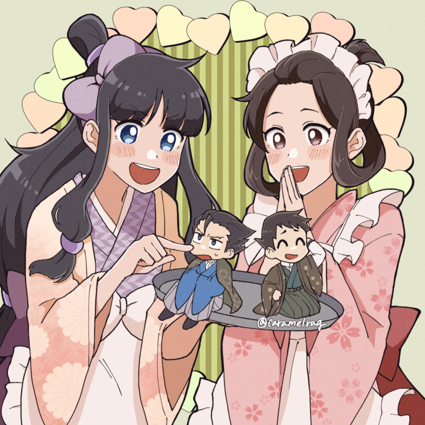 2boys 2girls ^_^ ace_attorney apron black_hair black_haori blue_eyes blue_kimono bow caramelrag chibi closed_eyes frown green_background green_kimono hair_bow hair_rings hair_slicked_back hakama hands_up highres holding holding_tray japanese_clothes kimono knees_up long_hair long_sleeves maid maid_apron maid_headdress maya_fey multiple_boys multiple_girls open_mouth phoenix_wright pink_kimono purple_bow purple_kimono ryunosuke_naruhodo seiza short_hair sitting smile susato_mikotoba sweatdrop teeth the_great_ace_attorney tray updo upper_teeth_only v-shaped_eyebrows wa_maid white_apron wide_sleeves