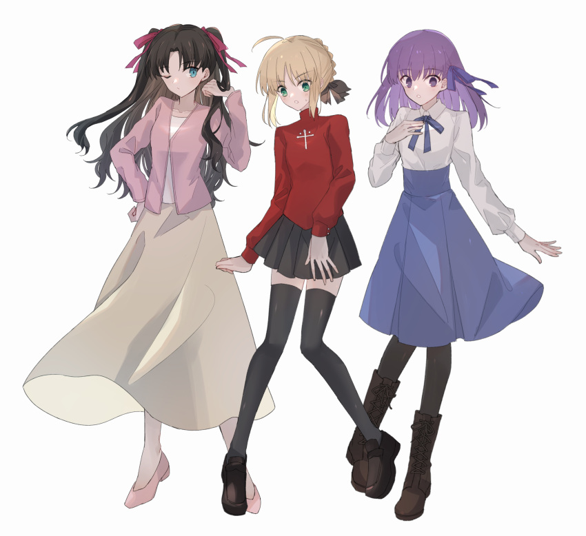 3girls absurdres ahoge artoria_pendragon_(fate) black_footwear black_pantyhose black_thighhighs blonde_hair boots braid brown_footwear brown_ribbon brown_skirt collarbone collared_shirt cosplay costume_switch cross_print fate/stay_night fate_(series) hair_ribbon hand_up highres jacket long_hair long_sleeves matou_sakura miniskirt multiple_girls nayu_tundora neck_ribbon one_eye_closed pantyhose parted_bangs pink_footwear pink_hair pink_jacket pleated_skirt purple_ribbon red_ribbon ribbon saber shirt shoes short_hair skirt thighhighs tohsaka_rin twintails white_shirt zettai_ryouiki