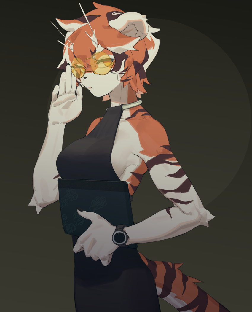 1girl absurdres adjusting_eyewear animal_ears arknights black_nails black_vest breasts furry furry_female glasses hair_between_eyes hand_on_eyewear highres jianpan_xiafang_de_da_kongge looking_at_viewer nail_polish orange_eyes orange_hair short_hair sideboob solo tail tiger_ears tiger_girl tiger_tail tinted_eyewear vest waai_fu_(arknights) watch yellow-tinted_eyewear