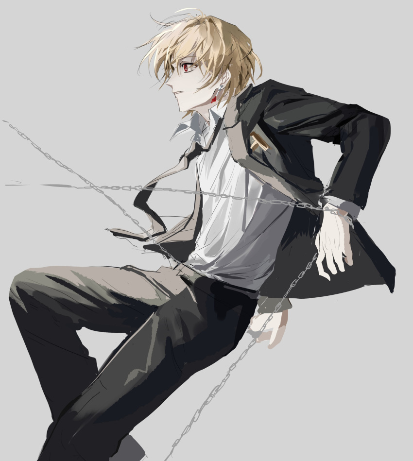 1other absurdres androgynous black_suit blonde_hair chain chhiii_o_o cowboy_shot crystal_earrings earrings formal from_side highres hunter_x_hunter jewelry kurapika long_sleeves necktie open_clothes profile red_eyes short_hair simple_background solo suit white_background