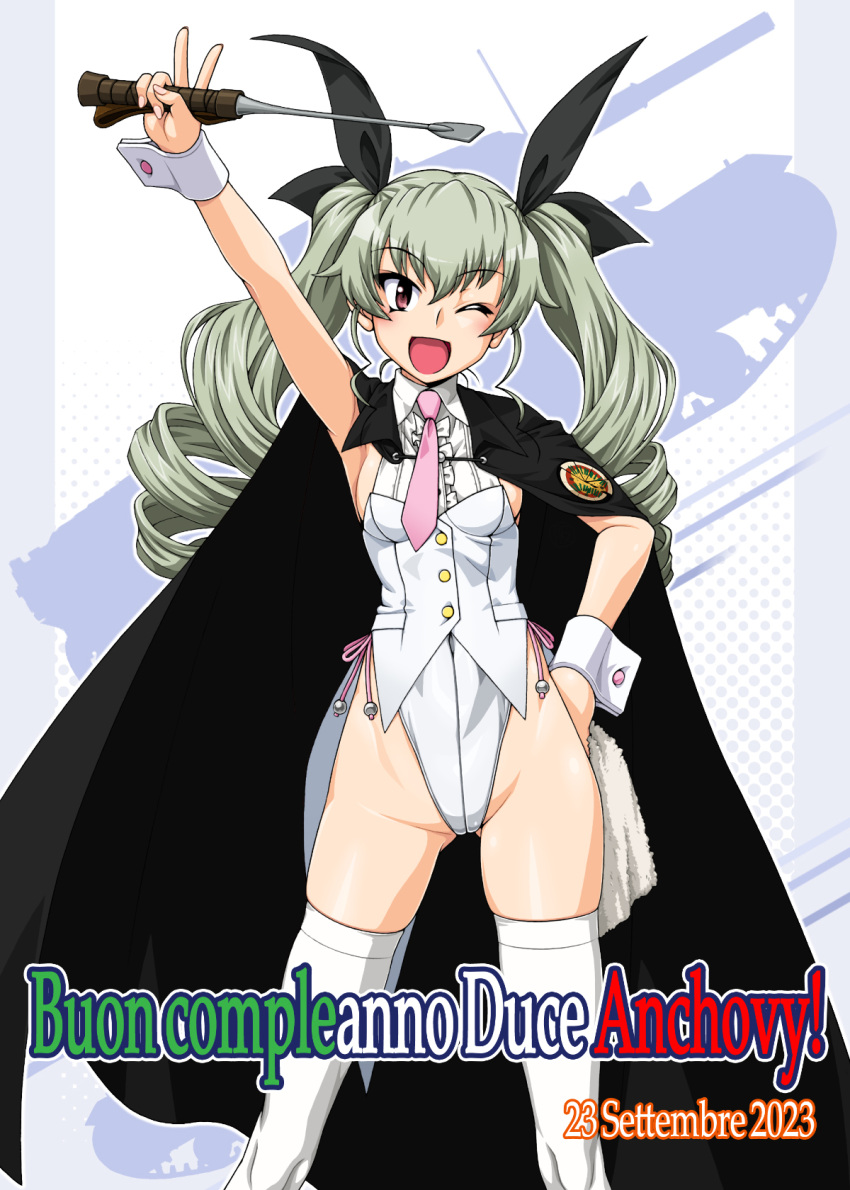 1girl anchovy_(girls_und_panzer) blush breasts brown_eyes cape commentary_request dated drill_hair girls_und_panzer green_hair hair_ribbon hand_on_own_hip happy_birthday highres italian_text leotard long_hair looking_at_viewer one_eye_closed oosaka_kanagawa open_mouth playboy_bunny ribbon riding_crop small_breasts smile solo thighhighs twin_drills twintails white_leotard white_thighhighs