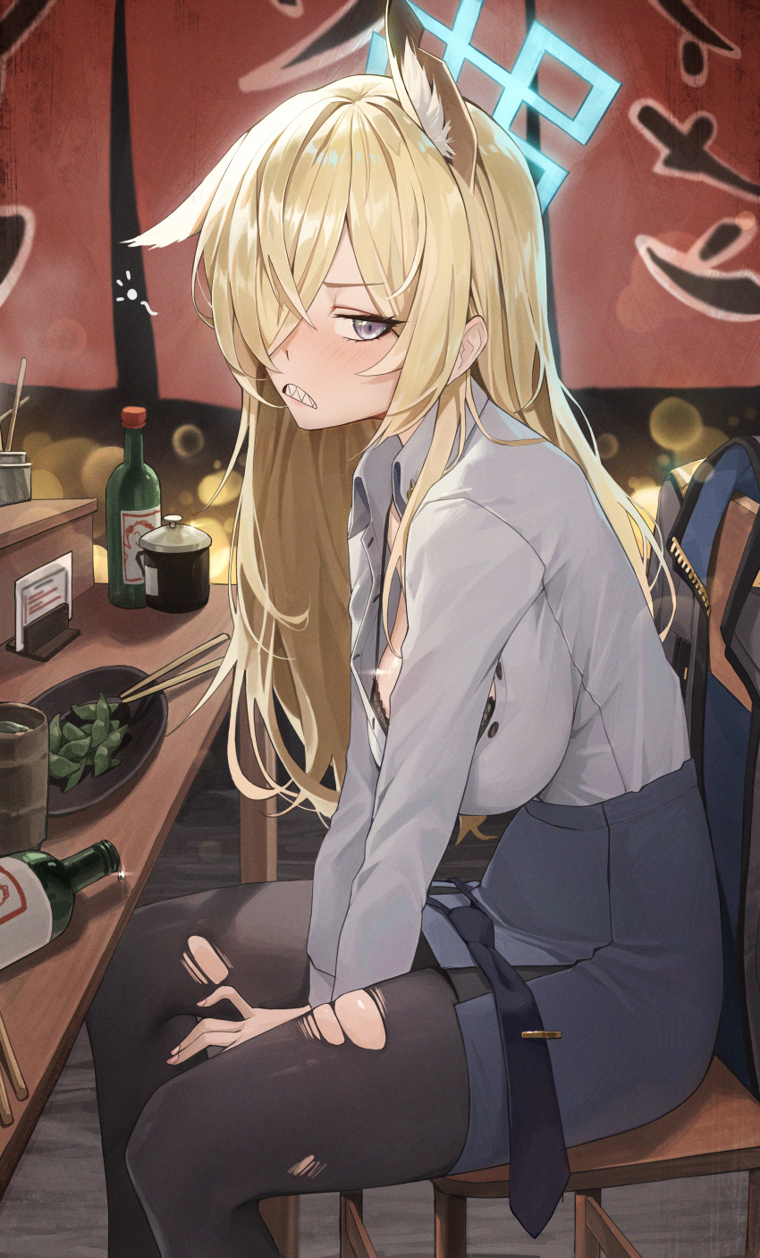 1girl absurdres animal_ears bdsm black_bra black_pantyhose blue_archive blush bondage bottle bound bra breasts chair chopsticks clenched_teeth clothes_removed commentary edamame_(food) hair_over_one_eye halo highres kanna_(blue_archive) long_hair looking_at_viewer necktie necktie_removed netural pantyhose purple_eyes sharp_teeth sitting skirt solo teeth tie_clip torn_clothes torn_pantyhose underwear