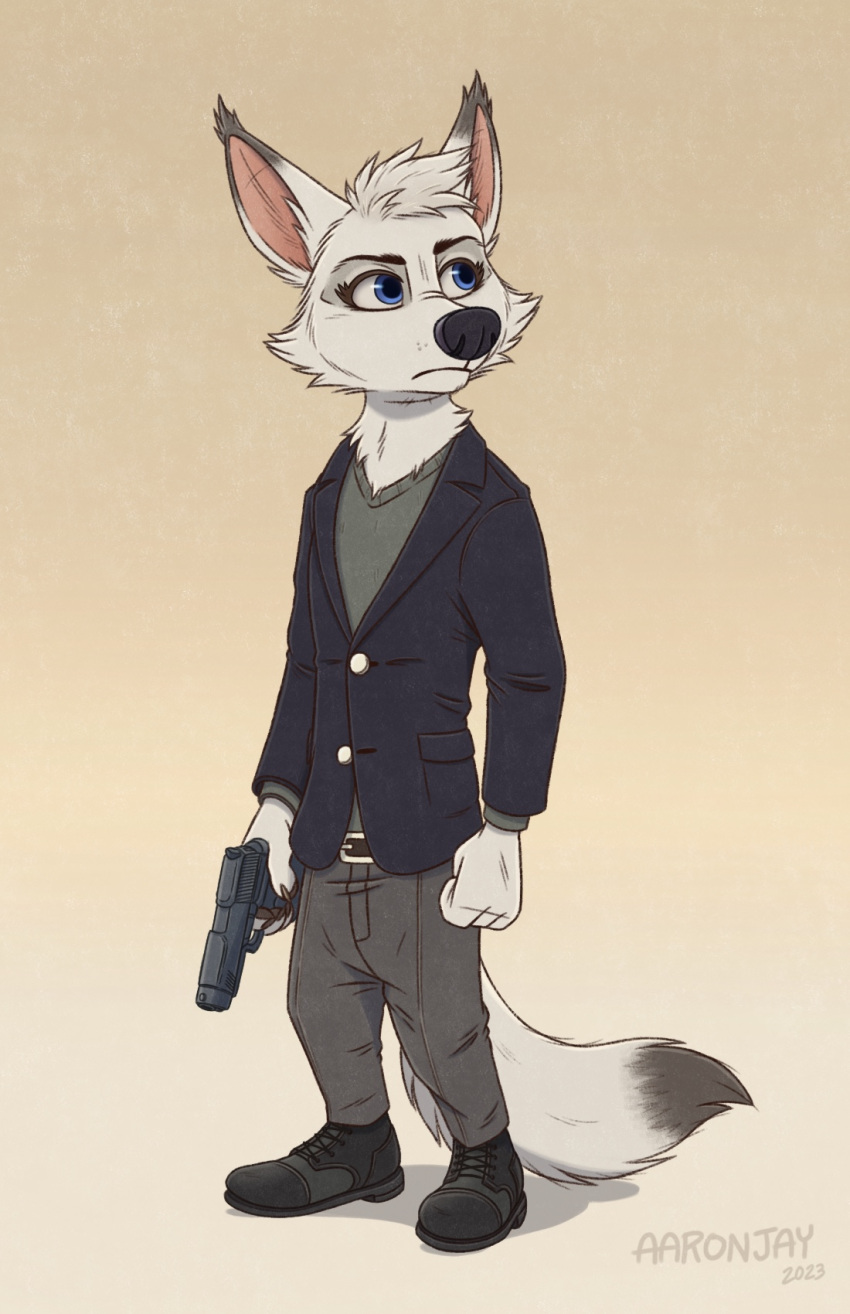 aar0njay anthro belka black_nose boots canid canine canis clothed clothing domestic_dog female footwear gun handgun hi_res holding_gun holding_handgun holding_object holding_pistol holding_weapon looking_aside mammal pistol ranged_weapon simple_background solo space_dogs weapon