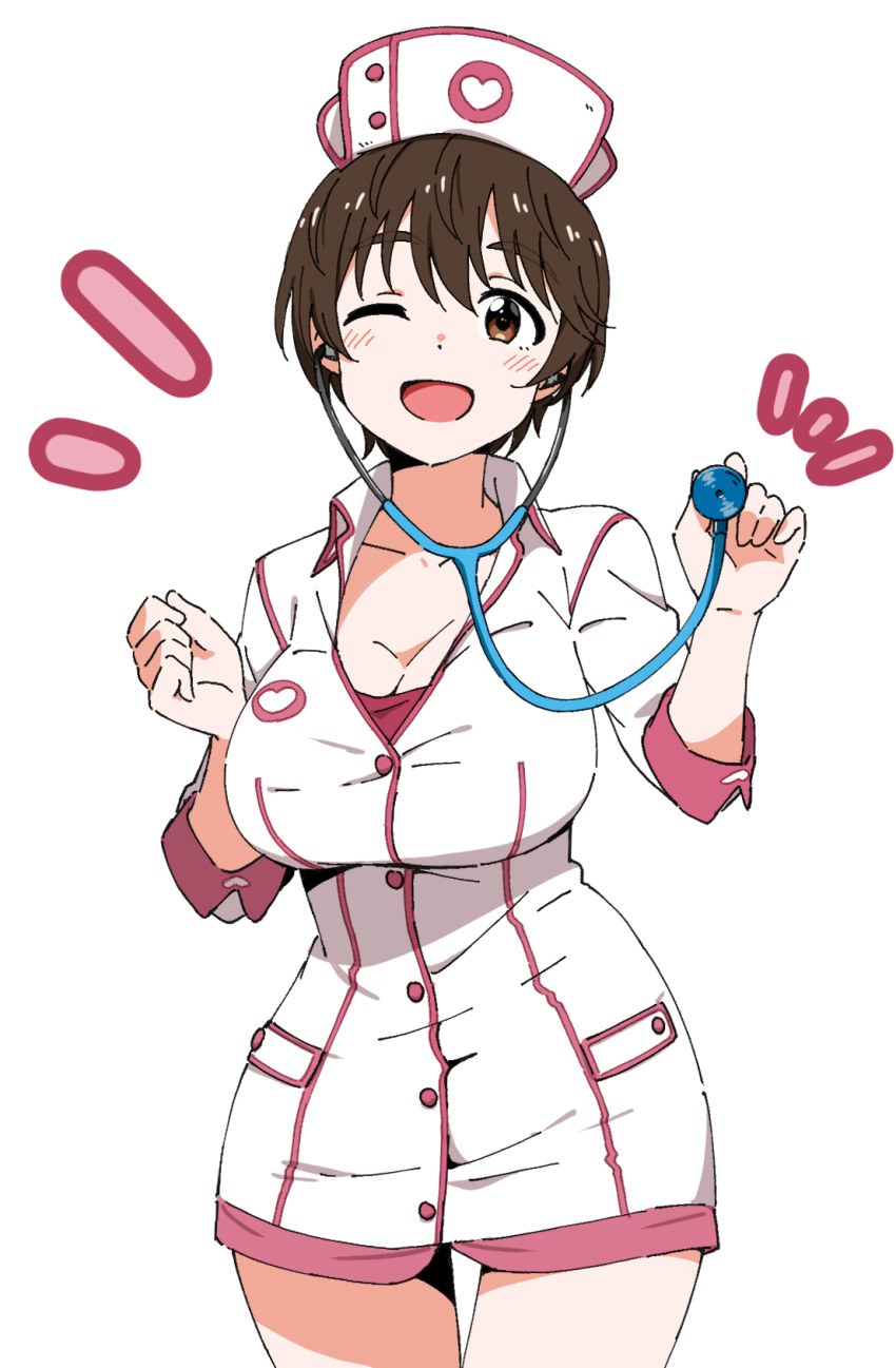 1girl blush breasts brown_eyes brown_hair cleavage clenched_hand collarbone cowboy_shot dot_nose dr._gero_(staedtler_0508) dress hands_up hat heart heart_print highres holding_stethoscope idolmaster idolmaster_cinderella_girls idolmaster_cinderella_girls_starlight_stage large_breasts long_sleeves looking_at_viewer nurse nurse_cap oikawa_shizuku one_eye_closed open_mouth short_hair simple_background smile solo standing stethoscope white_background white_dress