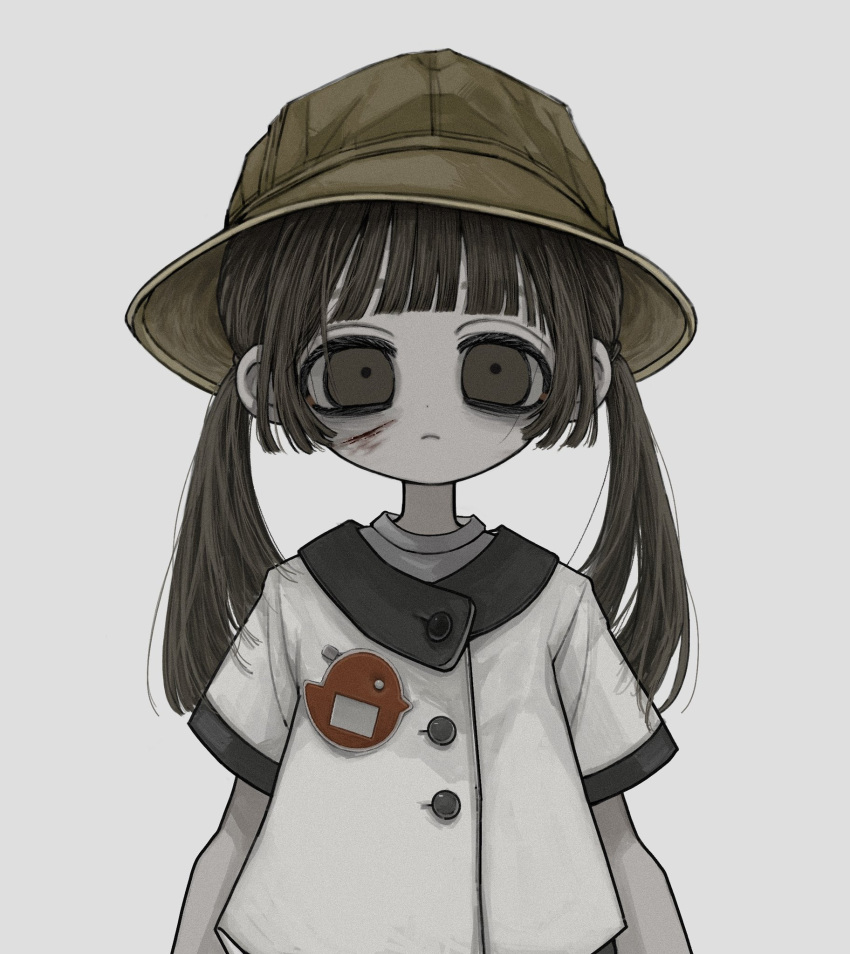 1girl arms_at_sides blunt_bangs brown_eyes brown_hair buttons closed_mouth commentary_request dilated_pupils expressionless grey_background hat highres injury kindergarten_uniform long_hair looking_at_viewer name_tag original oshio_(shioqqq) school_hat scratches shirt short_sleeves sidelocks simple_background solo standing straight-on twintails upper_body white_background white_shirt yellow_headwear