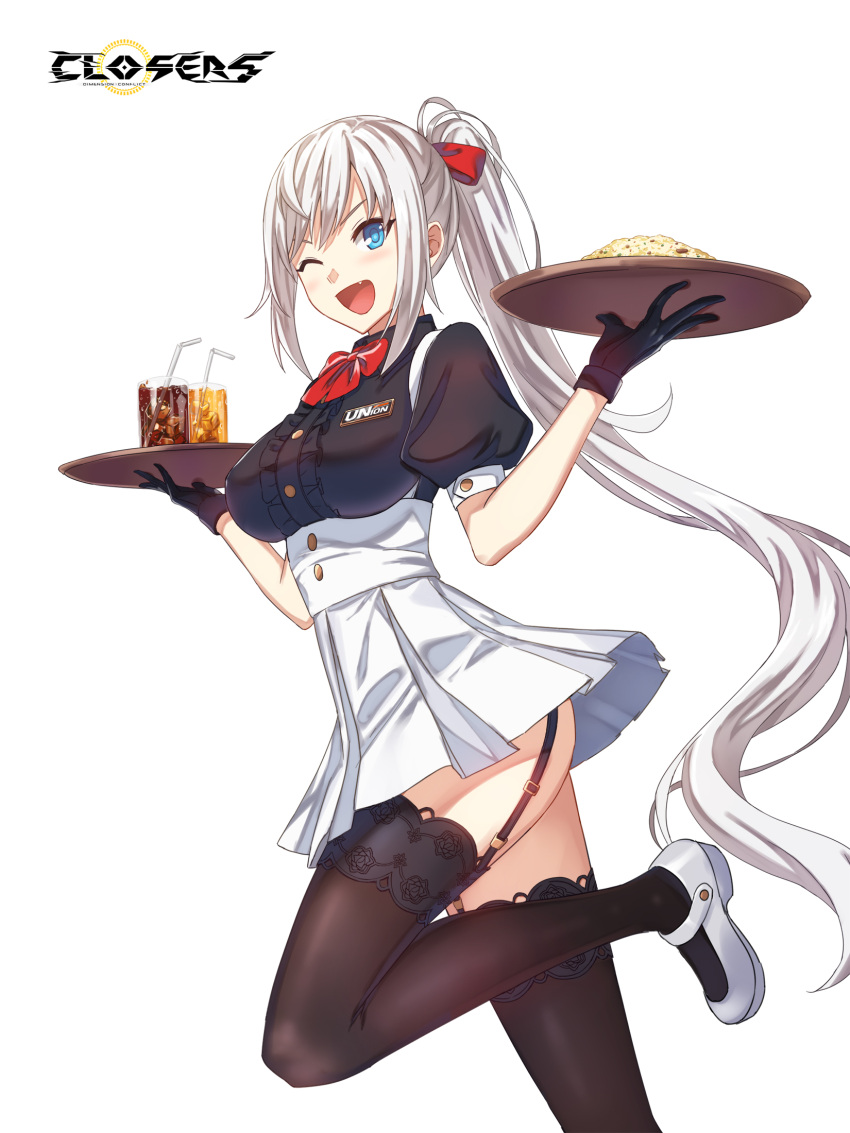 1girl ;d alternate_hair_color ass badge black_gloves black_shirt black_thighhighs blue_eyes blush bow bowtie breasts center_frills closers collared_shirt copyright_name cowboy_shot drink drinking_straw fang food fried_rice frills from_side garter_straps glasses gloves hair_bow hands_up high-waist_skirt highres holding holding_tray ice ice_cube lace-trimmed_thighhighs large_breasts leg_up logo long_hair looking_at_viewer mary_janes miniskirt official_art one_eye_closed open_mouth pleated_skirt ponytail puffy_short_sleeves puffy_sleeves red_bow red_bowtie running shirt shoes short_sleeves sidelocks skirt smile solo suspender_skirt suspenders thighhighs tray underbust v-shaped_eyebrows very_long_hair waitress white_background white_footwear white_hair white_skirt yuri_seo zettai_ryouiki