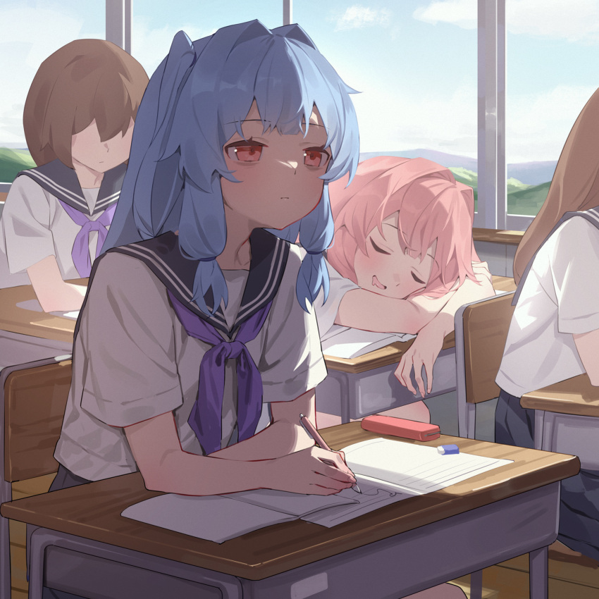 4girls black_sailor_collar blue_hair book brown_hair chair classroom closed_eyes closed_mouth desk drooling eraser highres holding holding_pen indoors kotonoha_akane kotonoha_aoi long_hair mouth_drool multiple_girls neckerchief open_book open_mouth pen pencil_case pink_eyes pink_hair purple_neckerchief sailor_collar school_chair school_desk school_uniform serafuku short_hair short_sleeves siblings sisters sitting sleeping smile voiceroid window yamamomo_(plank)