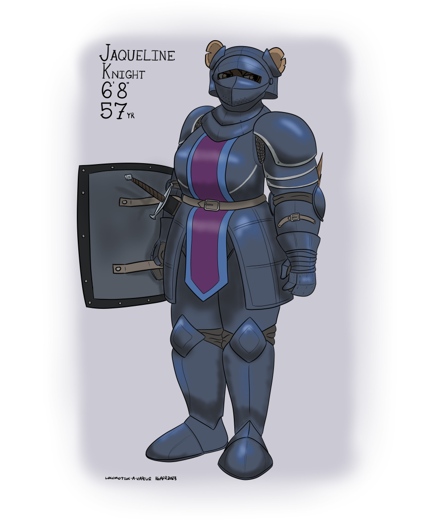 2023 absurd_res anthro armor blue_clothing brown_body brown_eyes brown_fur chainmail clothing colored female fur headgear helmet hi_res hyena mammal mature_female melee_weapon notched_ear panzerschreckleopard plate_armor purple_clothing sallet shield solo spotted_hyena sword weapon