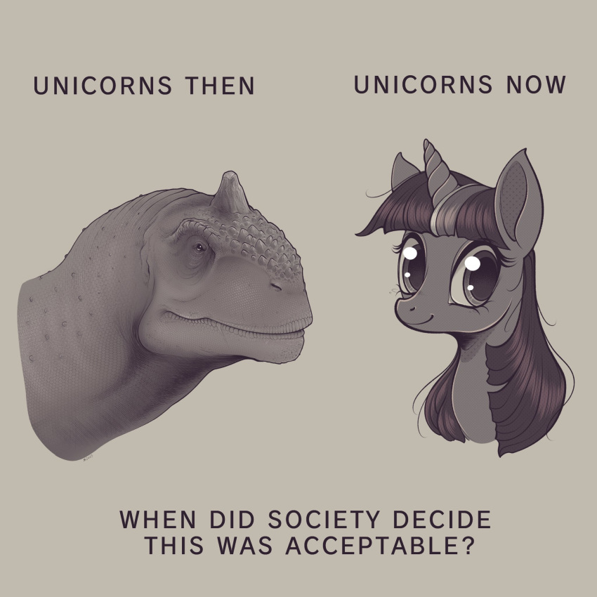 1:1 1_horn 2023 abelisaurid anthro bangs big_ears comparing comparison dinosaur duo english_text equid equine eyelashes female feral friendship_is_magic grey_background greyscale hair hasbro hi_res horn humor lips majungasaurus mammal meme monochrome muted_colors my_little_pony prehistoric_planet public_service_announcement realistic realistic_feral reptile scales scalie shon2 simple_background small_eyes social_commentary striped_hair sunken_eyes text theropod twilight_sparkle_(mlp) unicorn