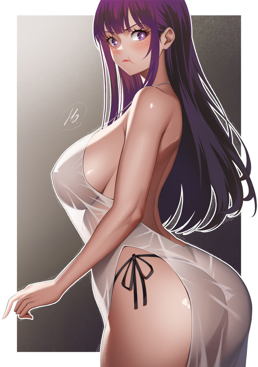 1girl alternate_breast_size alternate_costume ass backless_dress backless_outfit bare_shoulders black_panties blunt_bangs blush border breasts bright_pupils closed_mouth commentary dress fern_(sousou_no_frieren) from_side highres ho_haiiro huge_breasts long_hair looking_at_viewer looking_to_the_side outside_border panties pout purple_eyes purple_hair see-through see-through_dress side-tie_panties sideboob solo sousou_no_frieren underwear white_border white_dress white_pupils