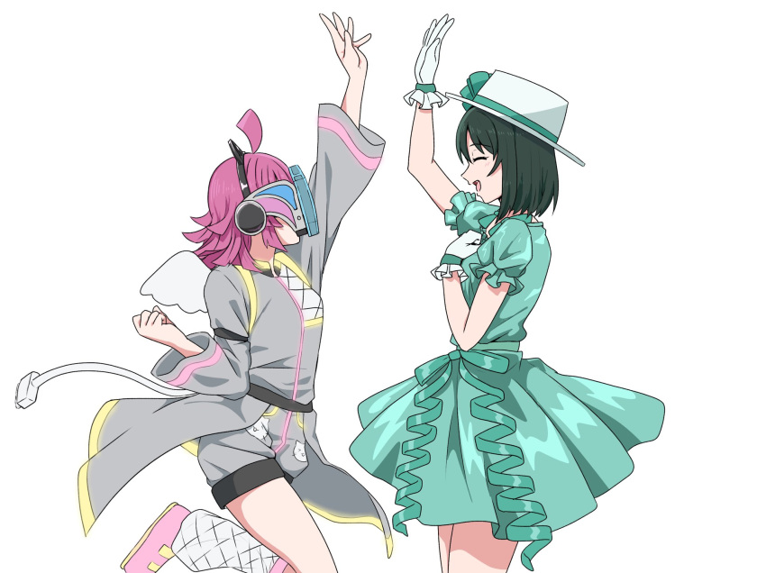2girls ahoge clenched_hand closed_eyes covered_face dress emotion_(love_live!) fake_wings from_side gloves green_dress green_hair grey_jacket grey_shorts hat high_five highres jacket long_sleeves looking_at_another love_live! love_live!_nijigasaki_high_school_idol_club medium_hair mifune_shioriko multiple_girls open_mouth pink_footwear pink_hair puffy_short_sleeves puffy_sleeves rina-chan_board shoes short_hair short_sleeves shorts tail taiyakippassion tennouji_rina tsunagaru_connect_(love_live!) upper_body white_background white_gloves white_headwear wings