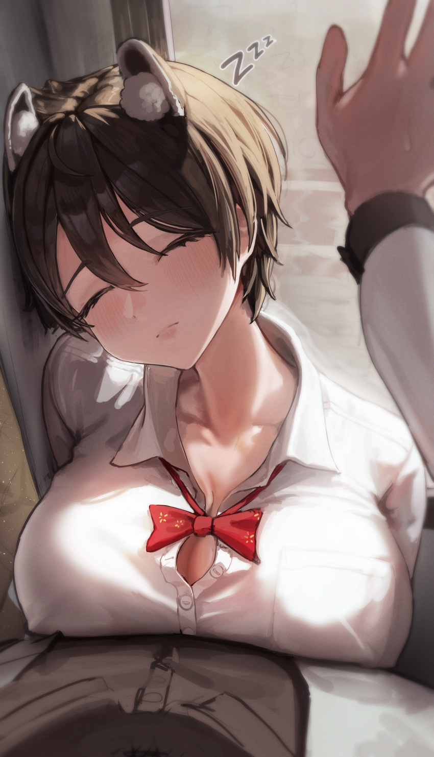 1girl absurdres animal_ears apopo black_hair blue_archive breast_press breasts closed_eyes closed_mouth collarbone collared_shirt highres large_breasts partially_unbuttoned pov ribbon school_uniform shirt short_hair sitting sleeping solo_focus tsubaki_(blue_archive) upper_body white_shirt