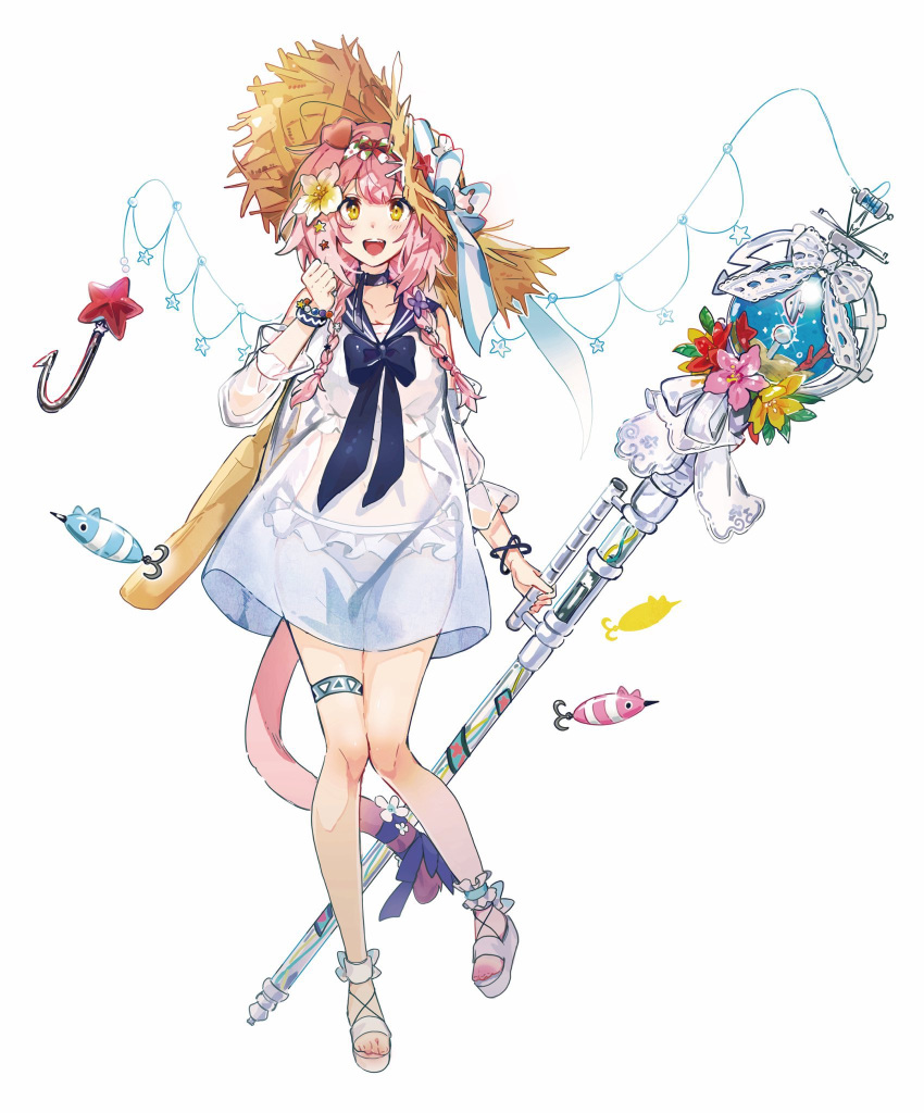 1girl alternate_costume animal_ears arknights bikini bikini_under_clothes blue_neckerchief blue_ribbon blue_sailor_collar bracelet braid cat_ears cat_girl cat_tail clenched_hand commentary dot_nose dress english_commentary fishing_line fishing_lure flower frilled_bikini frills goldenglow_(arknights) hair_flower hair_ornament hand_up hat hat_ribbon highres holding holding_staff hook jewelry looking_at_viewer neckerchief open_mouth pink_hair ribbon sailor_collar sailor_dress sandals scottish_fold see-through see-through_dress short_hair sidelocks simple_background smile solo staff straw_hat striped striped_ribbon swimsuit tail thigh_strap twin_braids wed_(lim38869577) white_background white_bikini white_flower white_footwear white_ribbon yellow_eyes