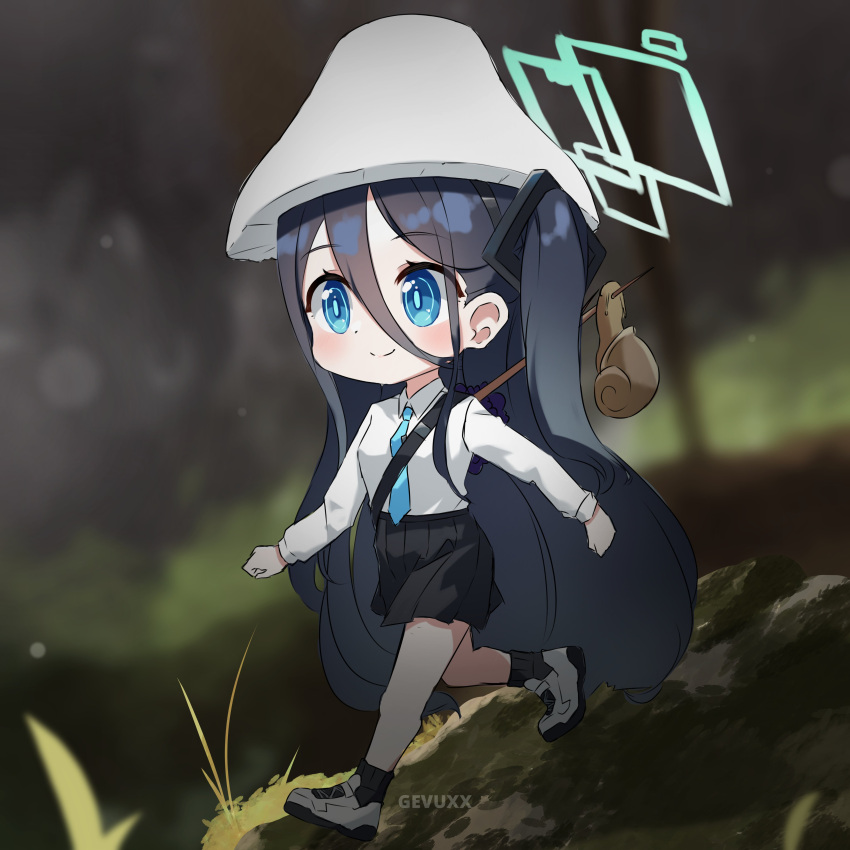 1girl absurdres aris_(blue_archive) black_hair black_skirt black_socks blue_archive blue_eyes blue_necktie blurry blurry_background commentary dot_nose forest gevuxx grass hair_between_eyes halo highres light_blush long_hair long_sleeves looking_ahead meme mushroom_hat nature necktie pleated_skirt polearm shirt side_ponytail skirt smile snail socks solo spear symbol-only_commentary very_long_hair walking weapon white_footwear white_headwear white_shirt