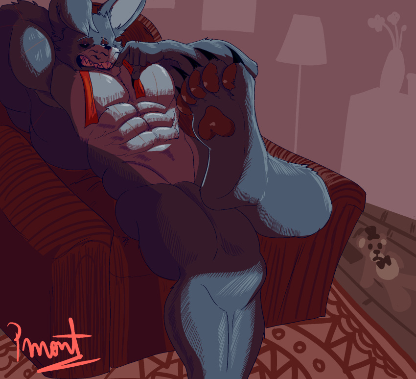 abs anthro barazoku biceps blue_body blue_fur bow_ribbon clawed_fingers claws detailed_background fangs feet five_nights_at_freddy's five_nights_at_freddy's_4 fur hi_res lagomorph leporid long_ears male male/male mammal muscular muscular_anthro muscular_male nightmare_bonnie_(fnaf) pecs perspective pinumontbalou purple_eyes rabbit scar scottgames sitting solo teeth toe_claws whiskers