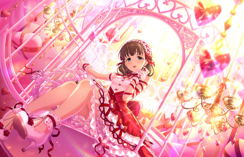 1girl blue_eyes blurry blurry_foreground blush bow bowtie breasts brown_hair chandelier dress eyelashes frilled_dress frilled_hairband frills game_cg hairband hand_up head_tilt heart high_heels idolmaster idolmaster_cinderella_girls idolmaster_cinderella_girls_starlight_stage knees_together_feet_apart legs lens_flare looking_at_viewer medium_hair official_art open_mouth red_bow red_bowtie red_dress red_ribbon ribbon ribbon_trim sakuma_mayu sitting sleeve_cuffs small_breasts solo sparkle strappy_heels two-tone_dress white_dress white_footwear