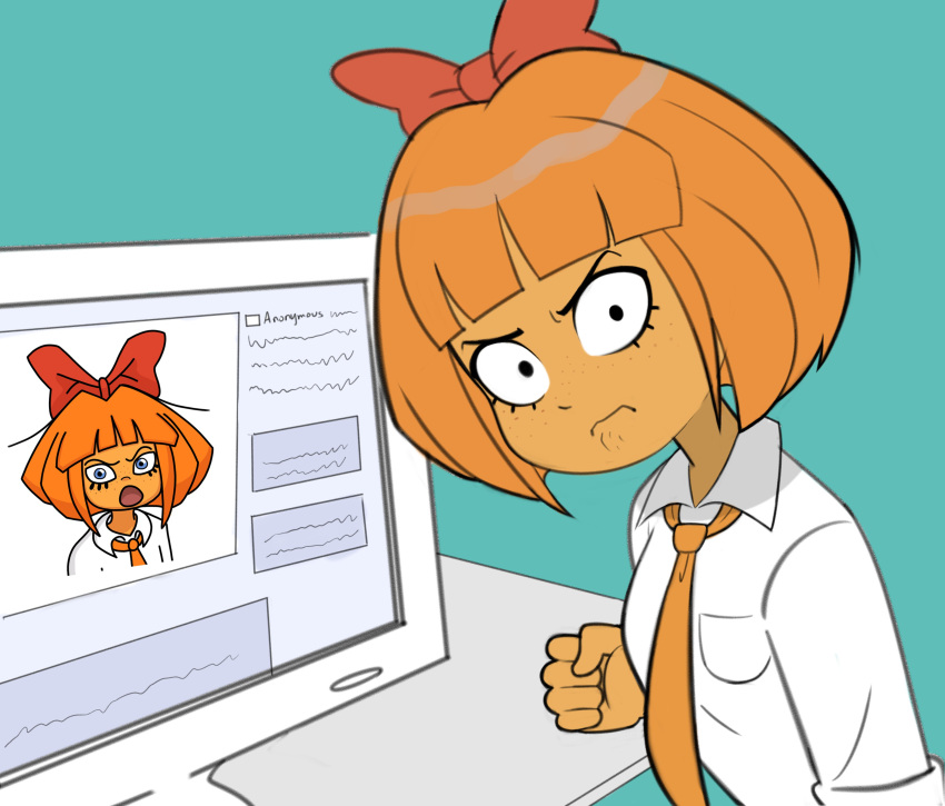 1girl 4chan absurdres apopfonz bob_cut bow clenched_hand collared_shirt fake_website freckles hair_bow highres looking_at_viewer medium_hair monitor mymy_schoppenboer necktie ongezellig orange_hair orange_necktie red_bow shirt solo soyjak white_shirt
