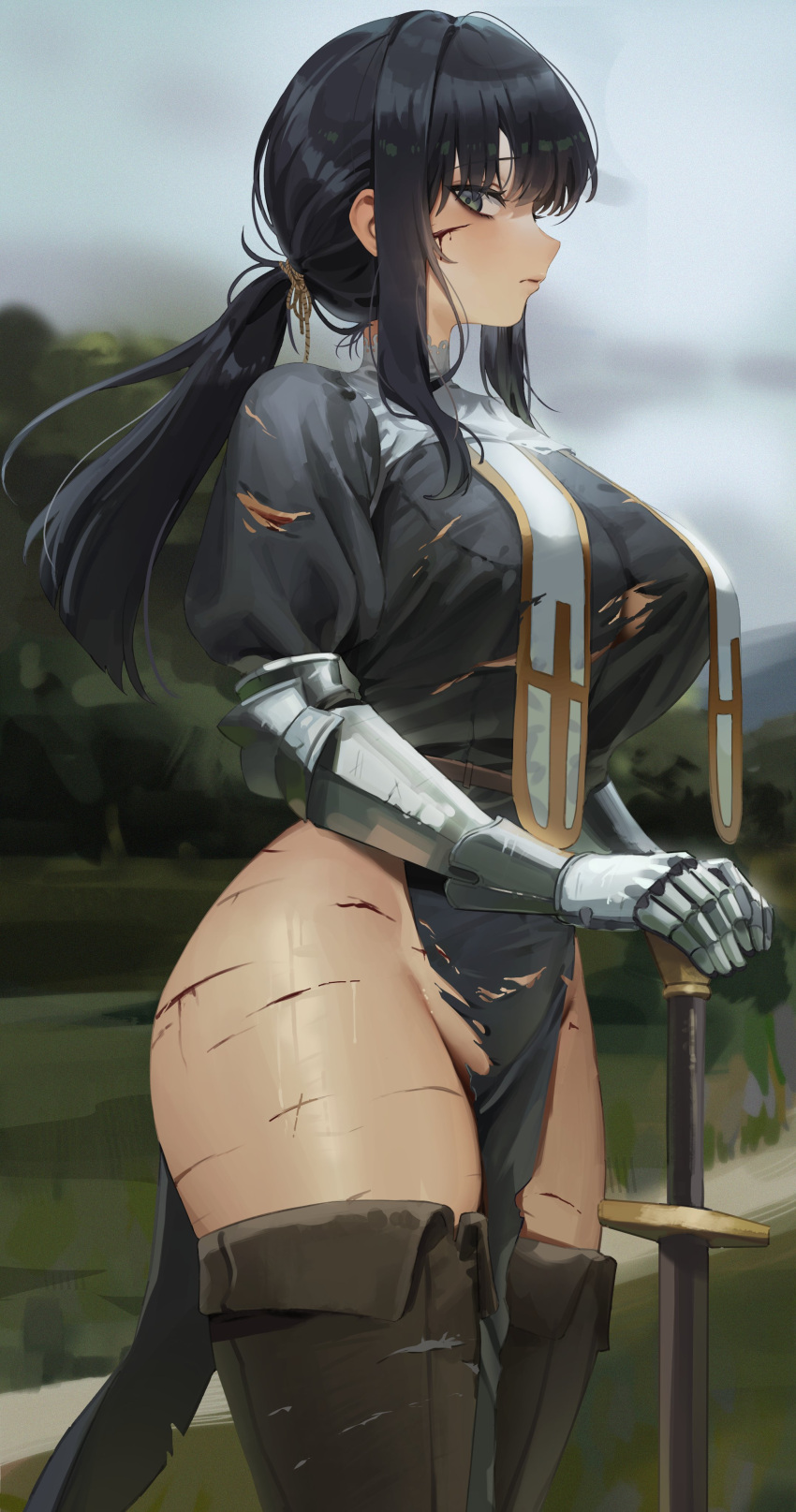 1girl absurdres black_eyes black_hair blood blood_on_face blurry blurry_background boots breasts closed_mouth cuts day from_side gauntlets gompang_11 highres holding holding_sword holding_weapon injury large_breasts long_hair looking_at_viewer no_panties nun original outdoors planted planted_sword ponytail sideways_glance solo sword thigh_boots weapon