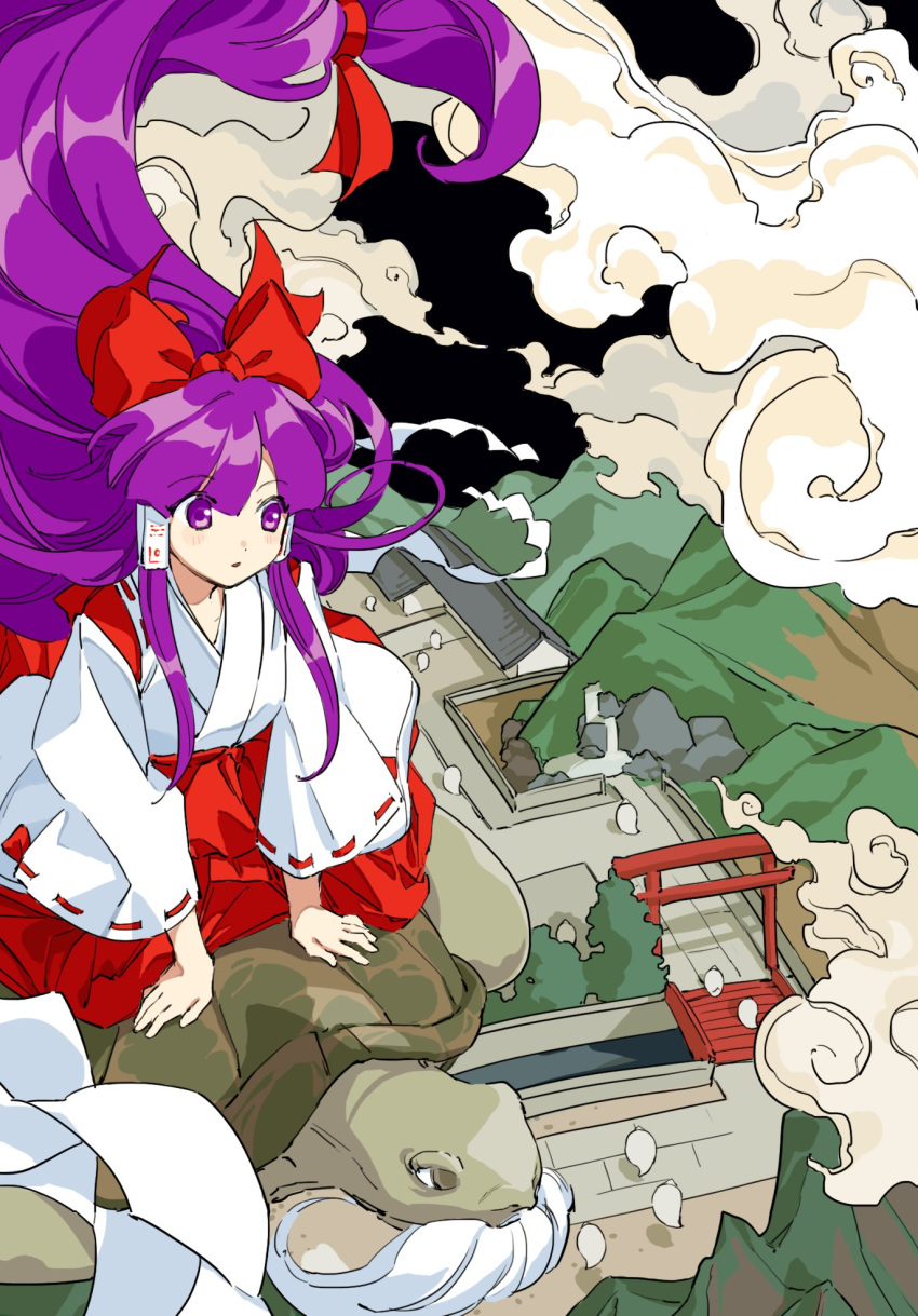 1boy 1girl bakebake_(touhou) beard black_sky bow bridge building cloud commentary facial_hair floating_hair flying genjii_(touhou) hair_bow hair_ribbon hair_tubes hakama hakurei_reimu hakurei_reimu_(pc-98) highres japanese_clothes kaigen_1025 kimono long_hair long_sleeves low-tied_long_hair miko mountain outdoors parted_bangs parted_lips purple_eyes purple_hair red_bow red_hakama red_ribbon ribbon ribbon-trimmed_sleeves ribbon_trim riding shide sidelocks sitting sky torii touhou touhou_(pc-98) turtle very_long_hair white_kimono whorled_clouds wide_sleeves