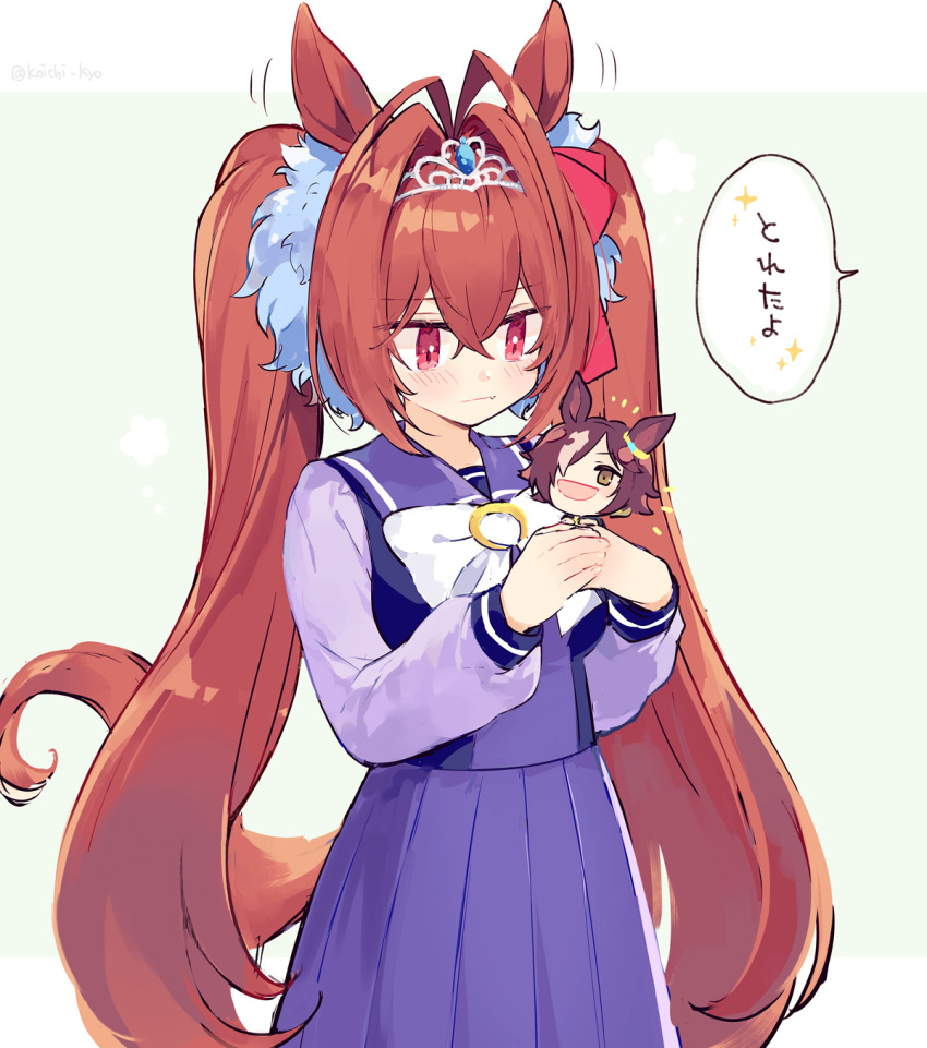 1girl animal_ears brown_hair character_doll daiwa_scarlet_(umamusume) doll ear_wiggle hair_ornament highres holding holding_doll horse_ears horse_girl horse_tail long_hair orange_hair purple_serafuku purple_skirt red_eyes school_uniform serafuku skirt speech_bubble tail touyama_soboro tracen_school_uniform twintails umamusume vodka_(umamusume) yellow_eyes