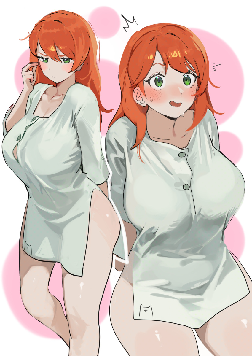 1girl absurdres alex_(minecraft) arms_behind_back blush bottomless breasts buttons cowboy_shot feet_out_of_frame green_eyes hand_up highres large_breasts long_hair long_sleeves minecraft multiple_views nia_(nia4294) open_mouth orange_hair shirt sweat white_shirt